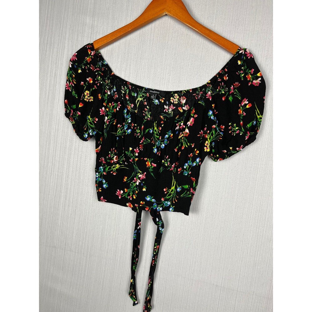 Ambiance Peasant Crop Top S Black Floral Dark Feminine Puff Sleeve Fairycore